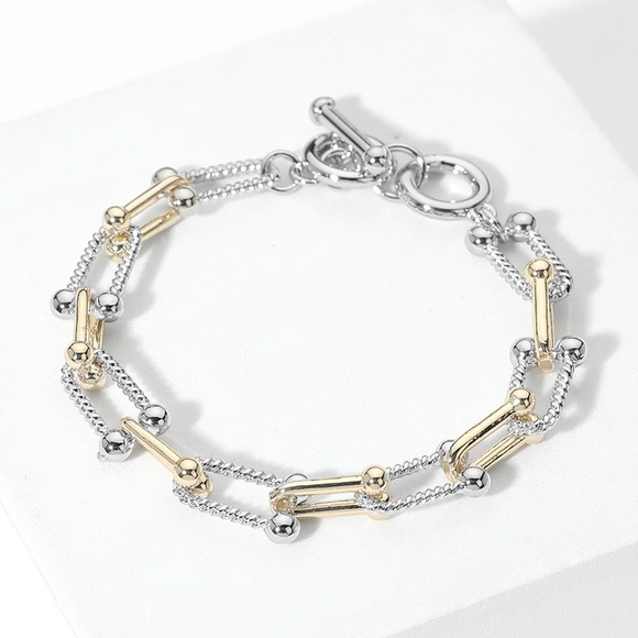 Two Tone 14KGP Hardware Link Toggle Bracelet - Picture 1 of 3